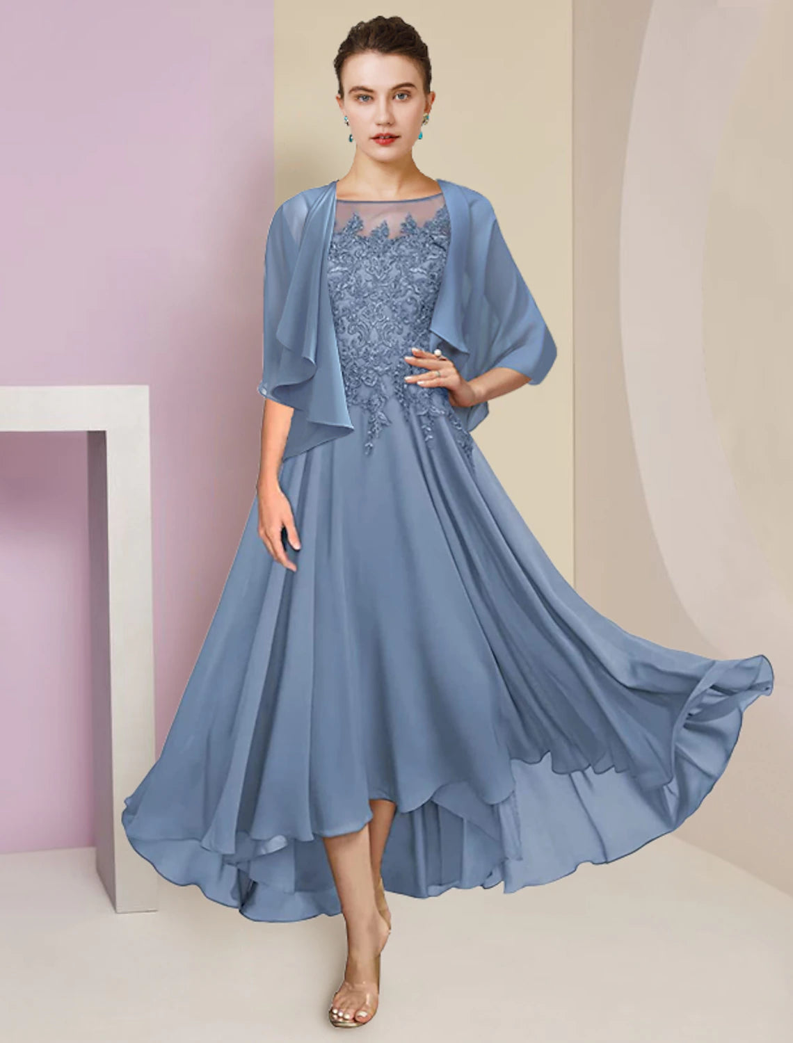 Two Piece A-Line Mother of the Bride Dress Formal Wedding Guest Elegant High Low Scoop Neck Asymmetrical Tea Length Chiffon Lace Short Sleeve Wrap Included with Sequin Appliques 2023